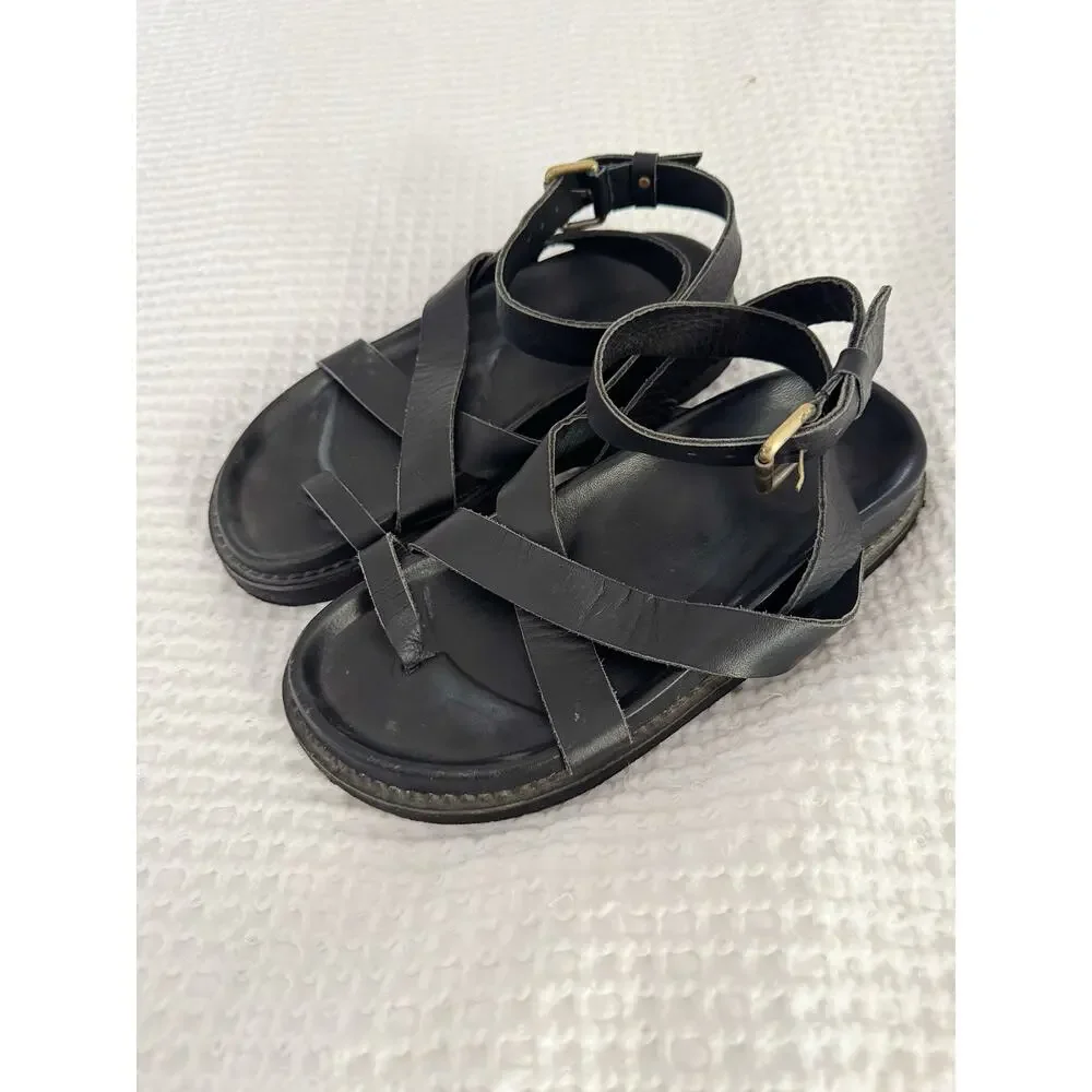 Black Strappy Ankle Strap Flat Sandals Size 7